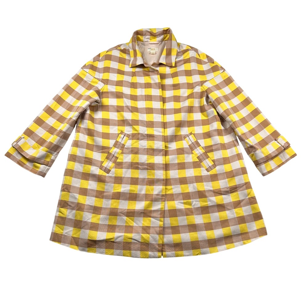 Maeve Anthropologie Jacket Womens M Yellow Brown Gingham Check Swing Coat Trench